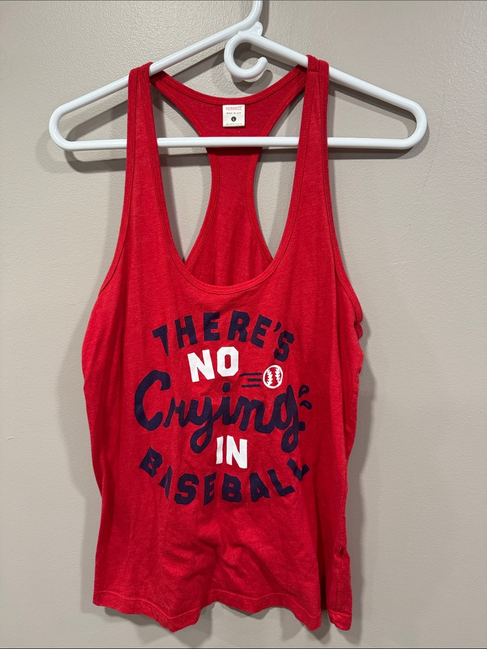 HOMAGE Red Racerback Tank with Navy & White Baseball Graphic